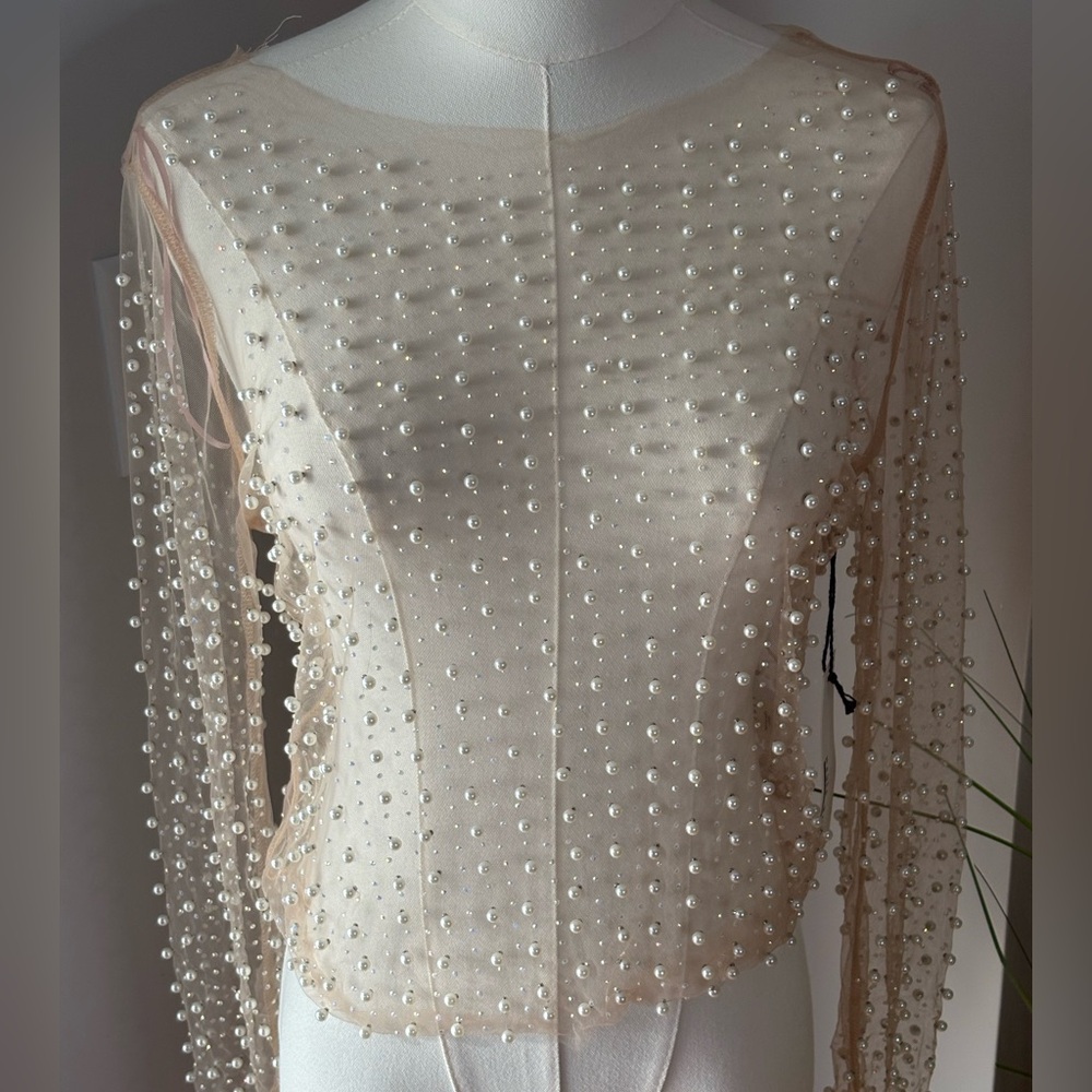 Haute Monde M Fishnet Mesh Rhinestone Pearl Embellished Sheer Long Sleeve Top
